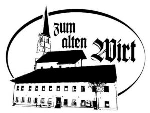 Logo Gasthaus Alter Wirt mit dem Gasthaus im Vordergrund und der Pfarrkirche im Hintergrund